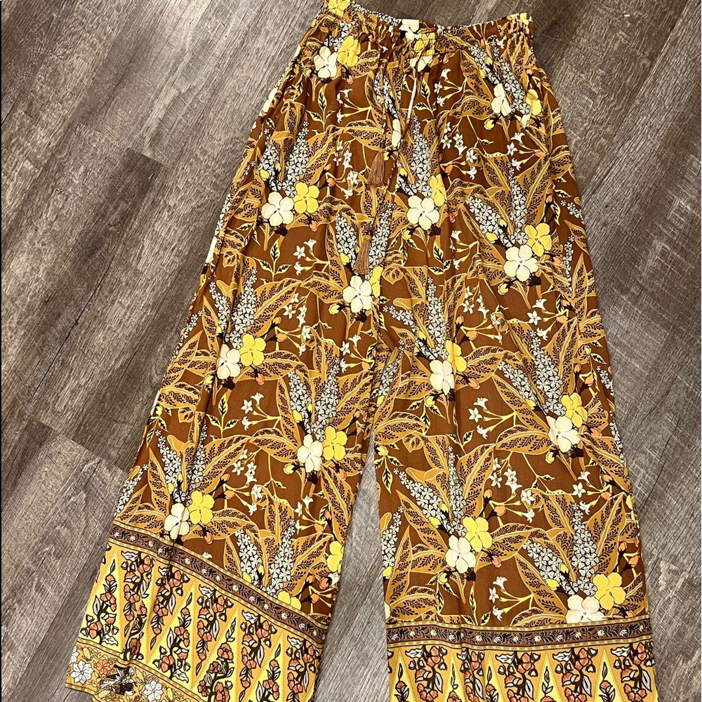 Spell Floral Wide-Leg Pants in Brown and Yellow